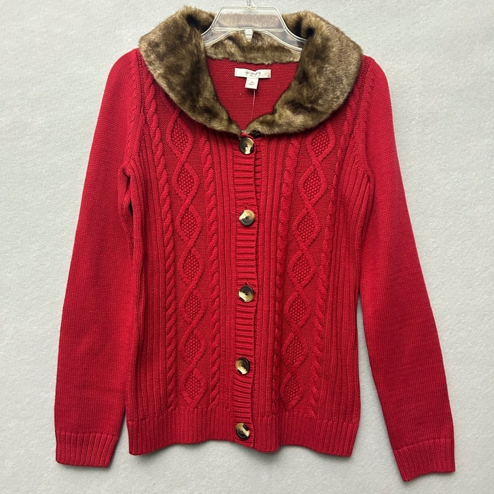 Liz Claiborne Sweater Cardigan Cable Knit Women's S Faux Fur Collar Old Money